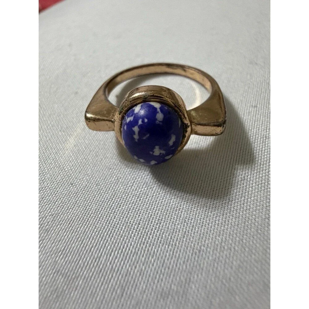 Ring Vintage Gold Tone Blue Speckled Cabochon Statement Ring Boho Retro